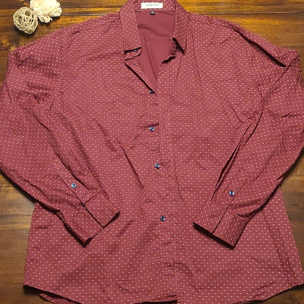 Muse Fath Mens XL Button Up Dress‎ Shirt Maroon Printed